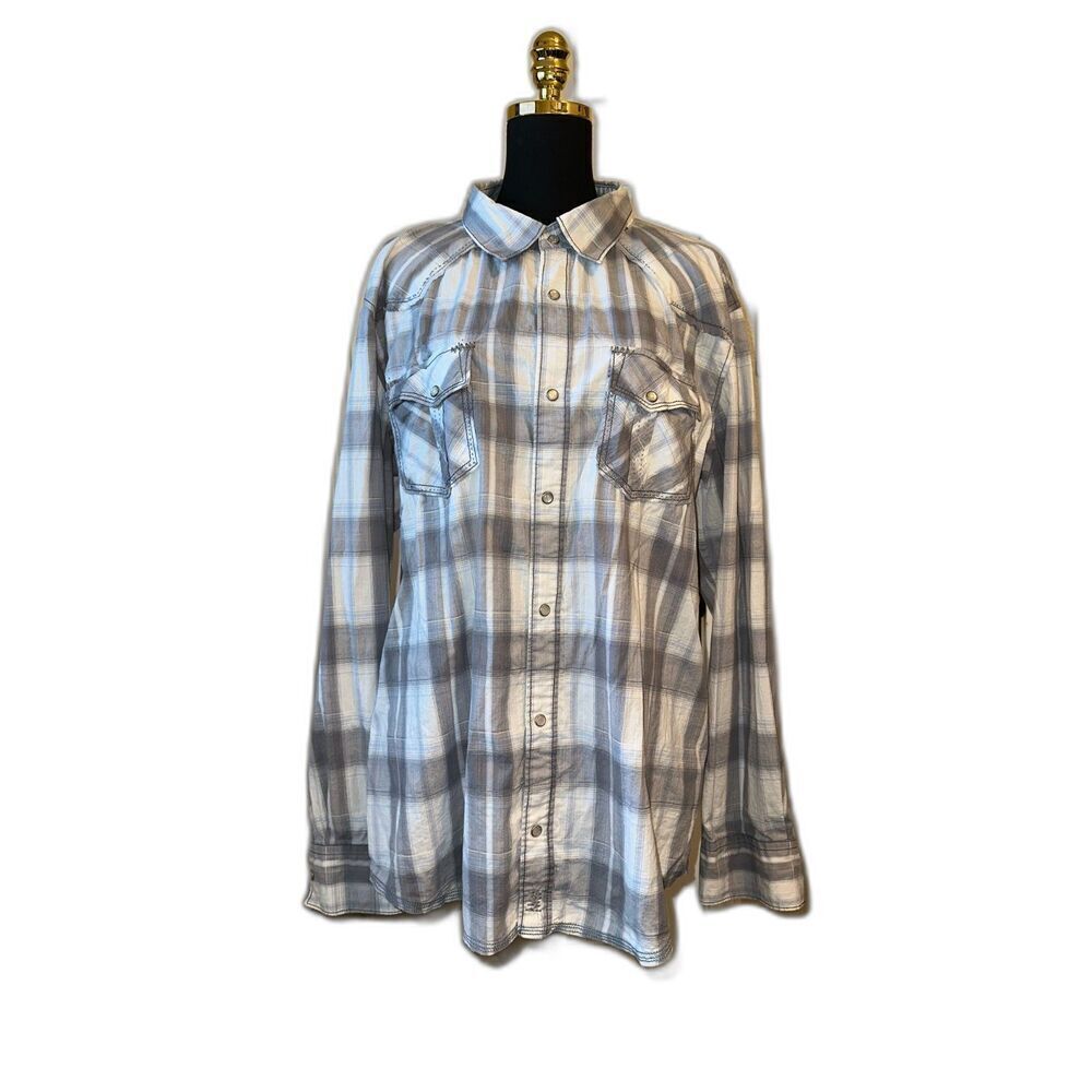 BKE Men’s Grey White Plaid Flannel Shirt XXL Slim Fit Stretch Button-Up
